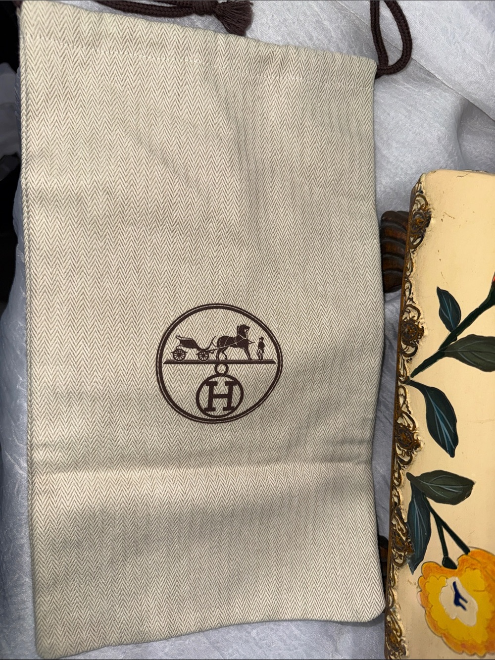 Hermes Beige Logo Drawstring Pouch with Brown Accents